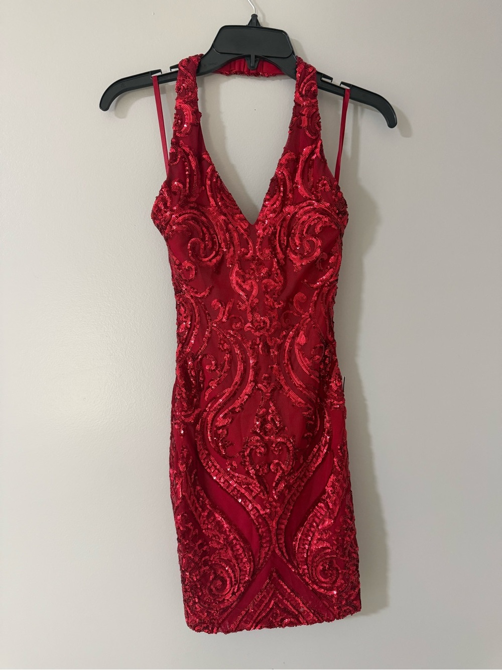Red Sequin Halter Homecoming Mini Dress